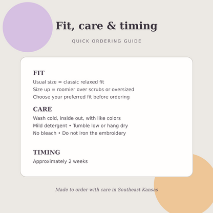 Fit, embroidery care and approximately two week turnaround guide for the Spooky Nurse Halloween sweatshirt