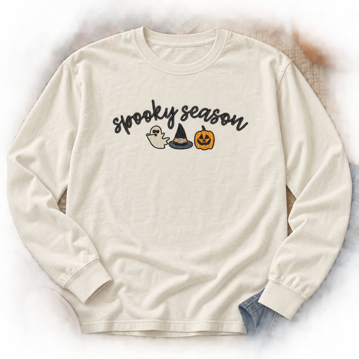 Ivory Comfort Colors 6014 long sleeve tee with Spooky Season embroidery