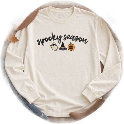 Ivory Spooky Season embroidered long sleeve tee styled with jeans boots and fall accessories