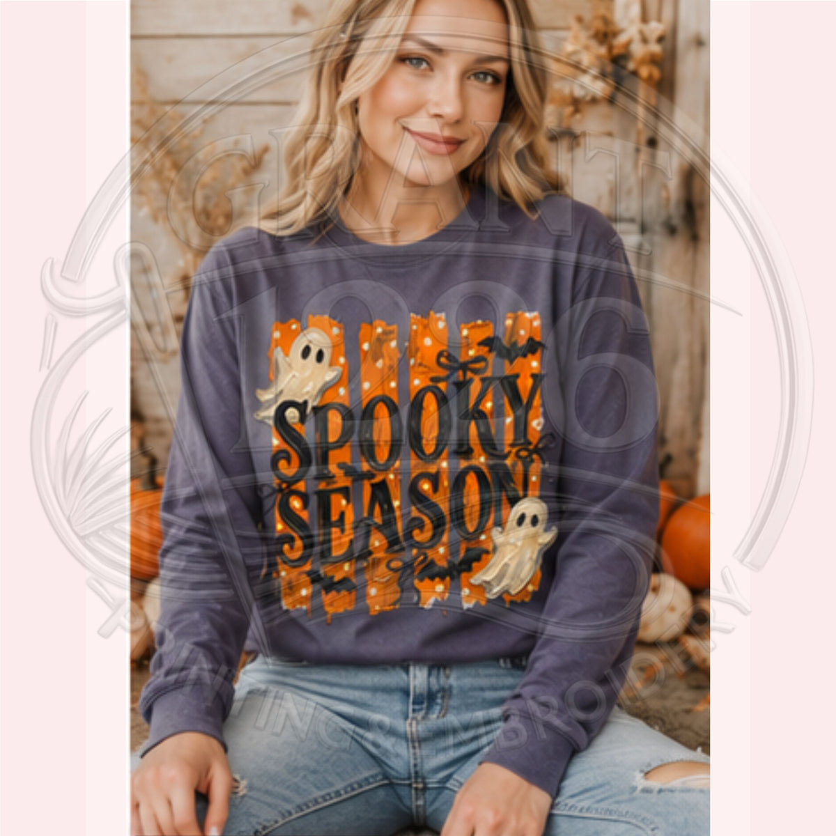 Woman wearing Grape Comfort Colors Spooky Season long sleeve Halloween shirt with retro ghost design