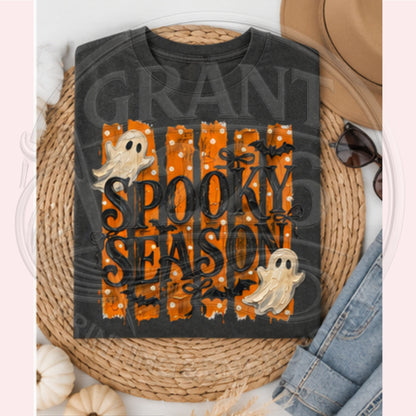 Pepper Comfort Colors Spooky Season Halloween shirt with orange stripes cream ghosts and black bats