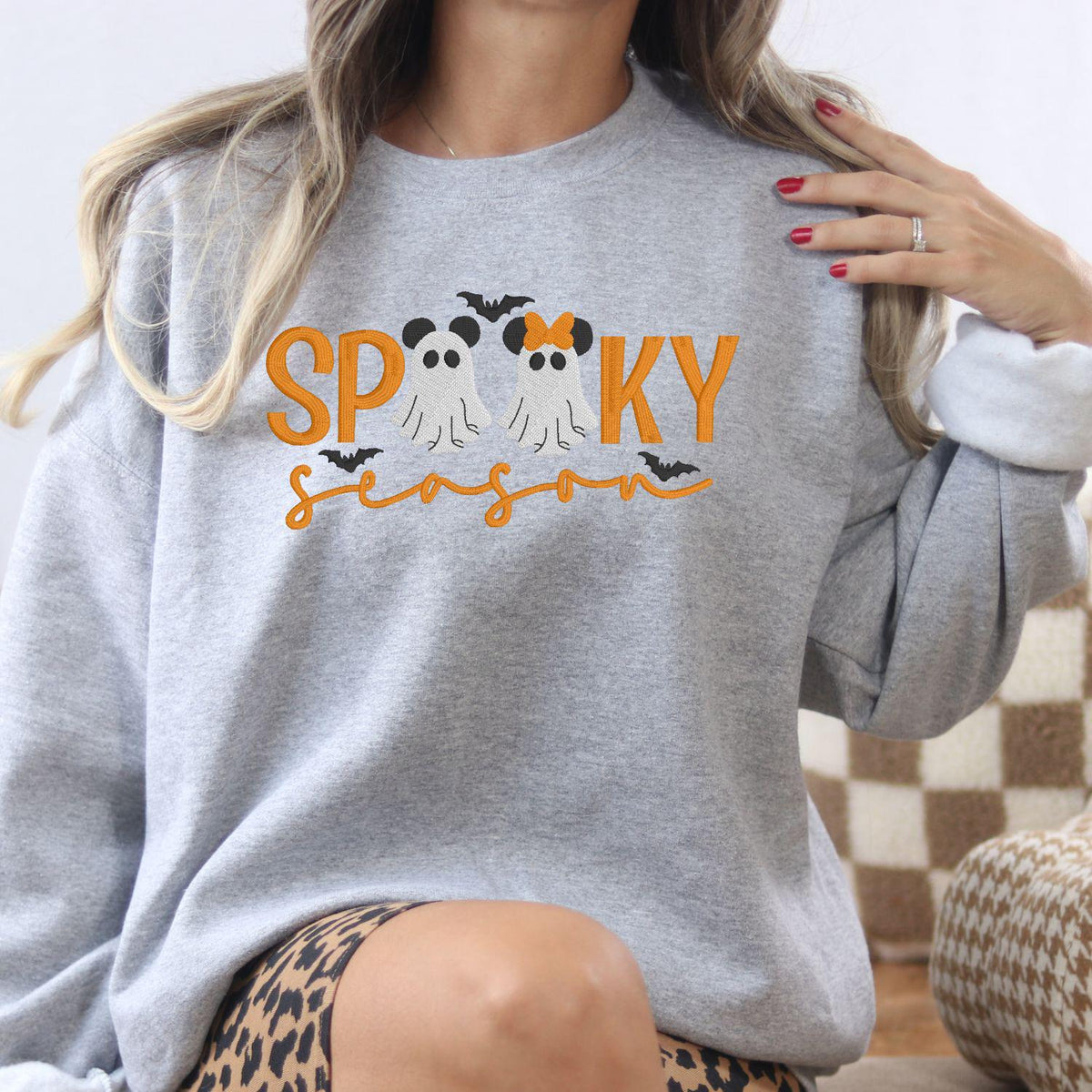 Ash Spooky Season embroidered sweatshirt with two ghosts and orange bows