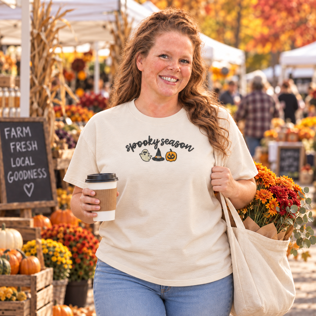 Spooky Season embroidered family shirt worn at an autumn farmers market