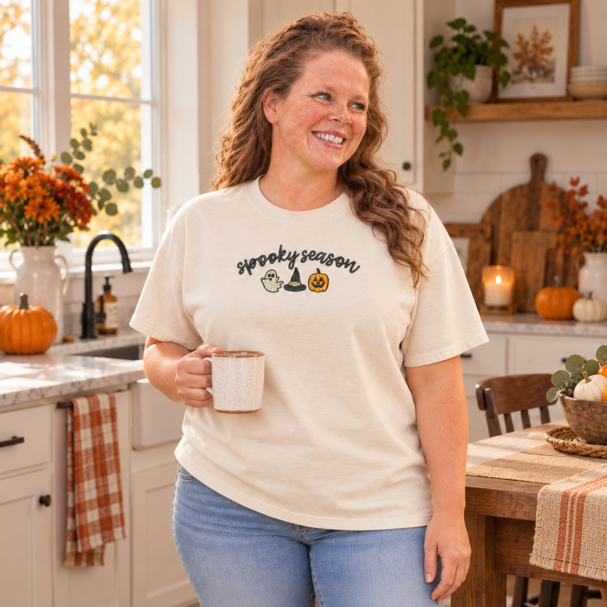 Ivory Spooky Season embroidered shirt styled in a fall kitchen