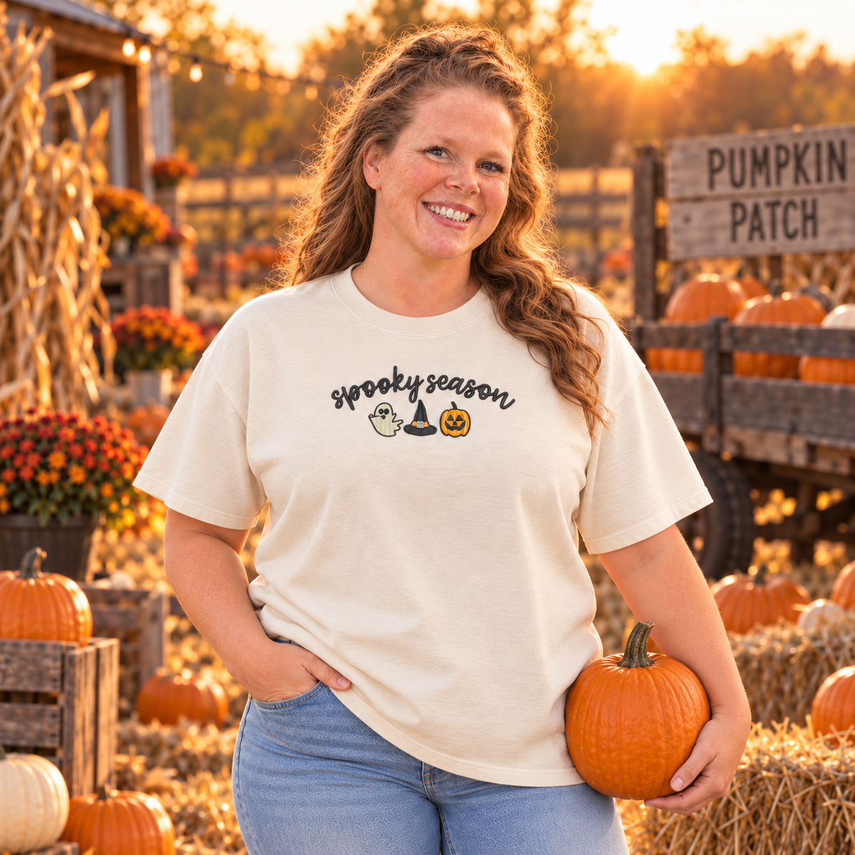 Ivory Spooky Season embroidered shirt worn at a pumpkin patch