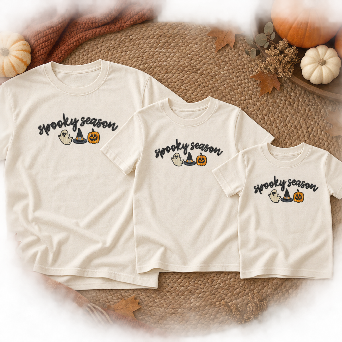 Adult youth and toddler ivory short sleeve tees with Spooky Season embroidery