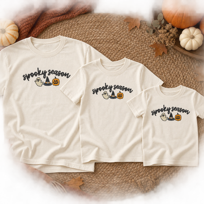 Adult youth and toddler ivory short sleeve tees with Spooky Season embroidery
