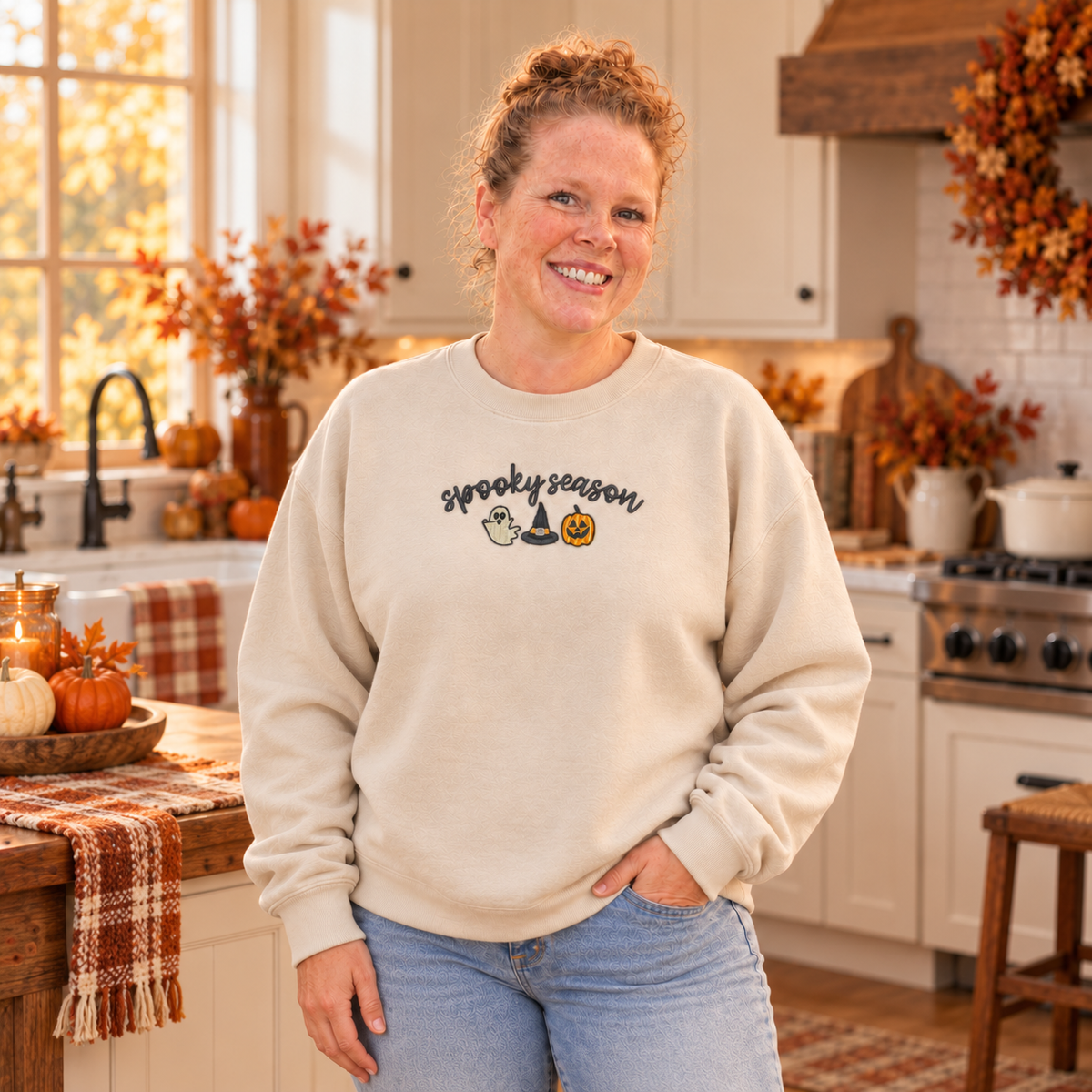Sand Spooky Season embroidered sweatshirt styled in a fall kitchen