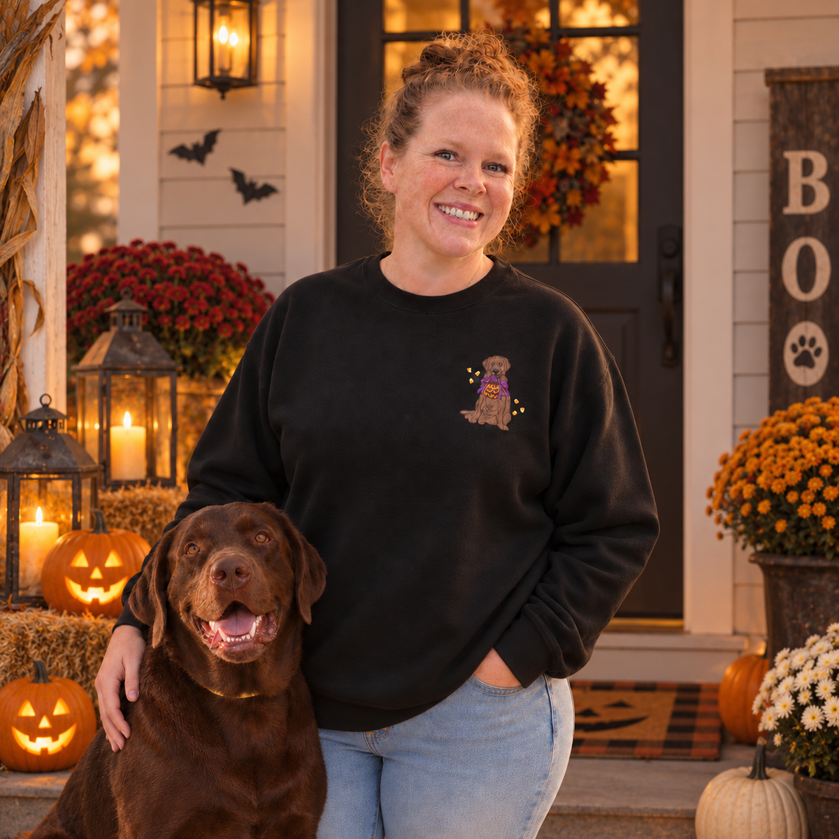 Woman and chocolate Labrador on a Halloween porch wearing a black embroidered Lab crewneck