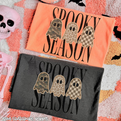 Neon Cantaloupe and Pepper Comfort Colors Spooky Season patchwork ghost DTG shirts