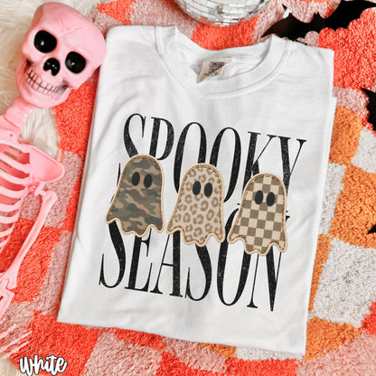 White Spooky Season patchwork ghost DTG Halloween shirt flat lay