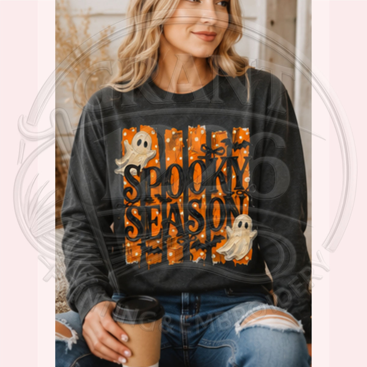 Woman wearing Pepper Comfort Colors Spooky Season long sleeve shirt with ghost and bat Halloween artwork