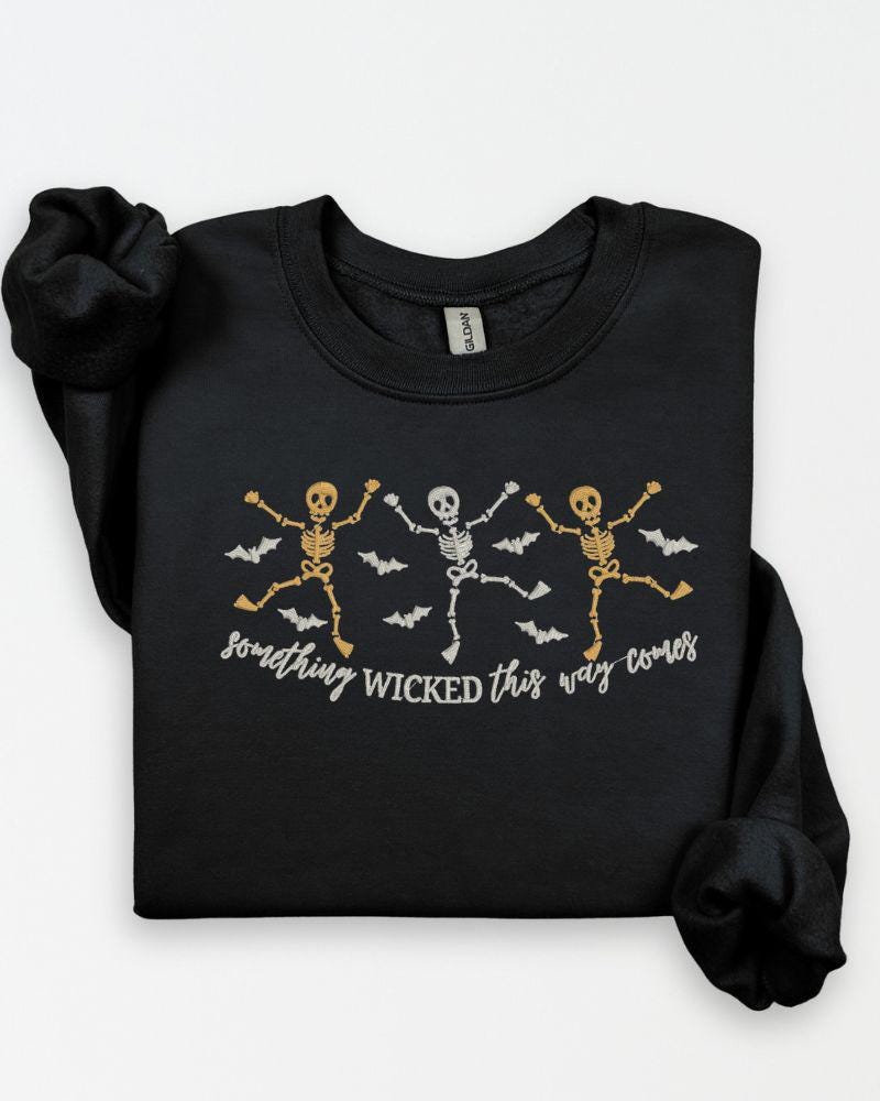 Spooky season skeleton embroidered sweatshirt with detailed Halloween stitching