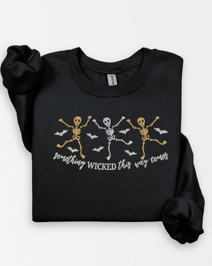 Spooky season skeleton embroidered sweatshirt with detailed Halloween stitching