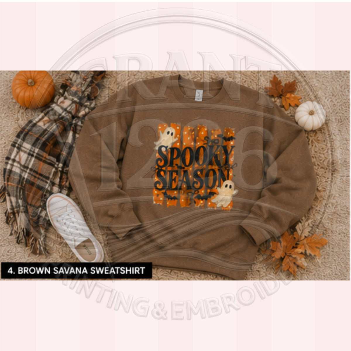 Brown Savana Spooky Season sweatshirt with cream ghosts black lettering and distressed orange Halloween design