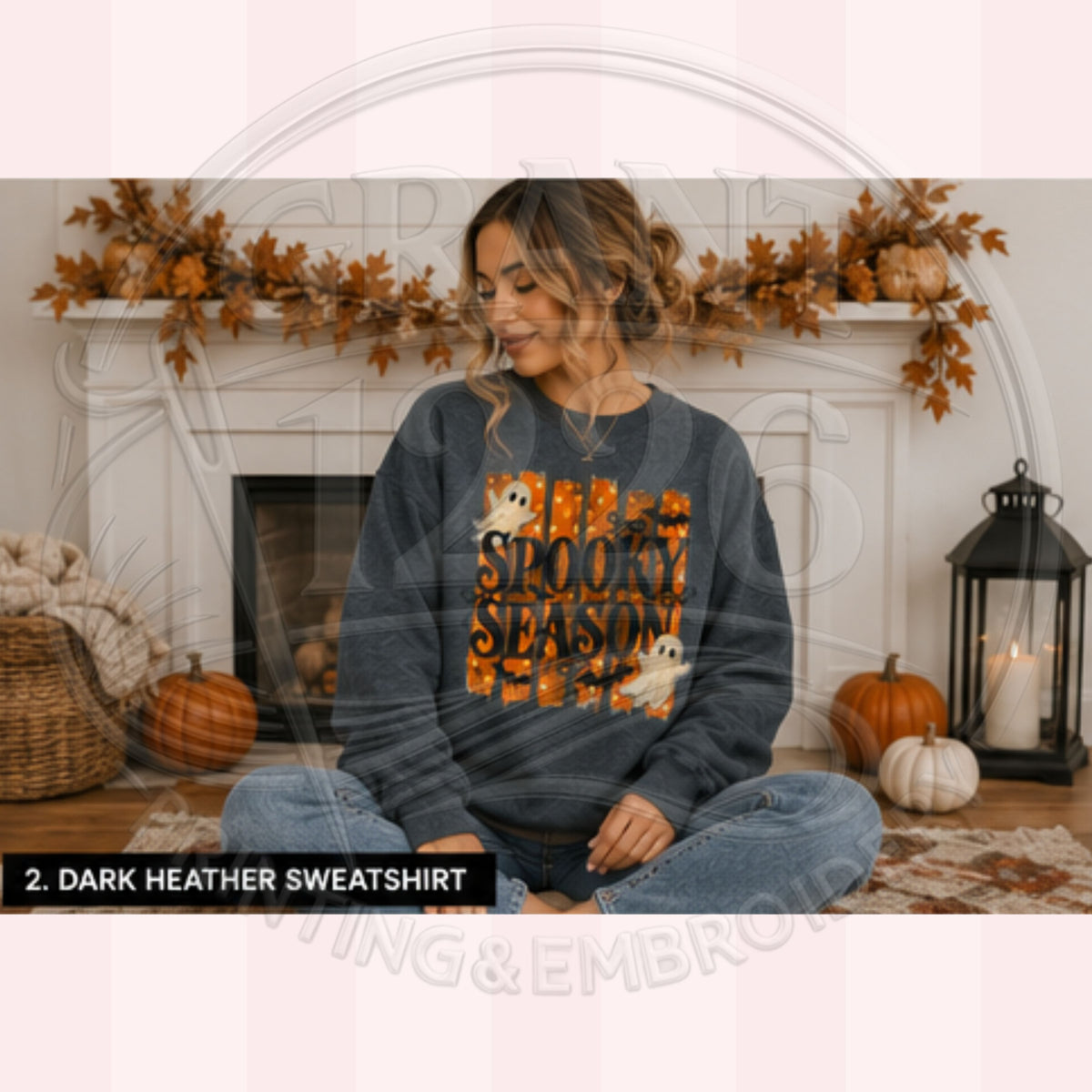 Woman wearing Dark Heather Spooky Season sweatshirt with ghost and bat Halloween artwork