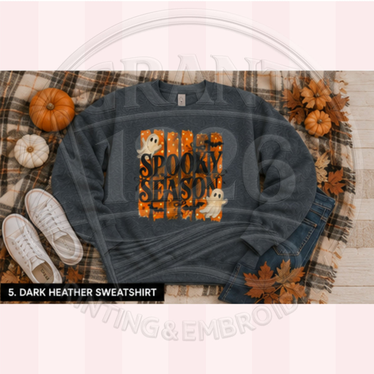 Dark Heather Gildan Softstyle Spooky Season Halloween sweatshirt with retro ghost graphic
