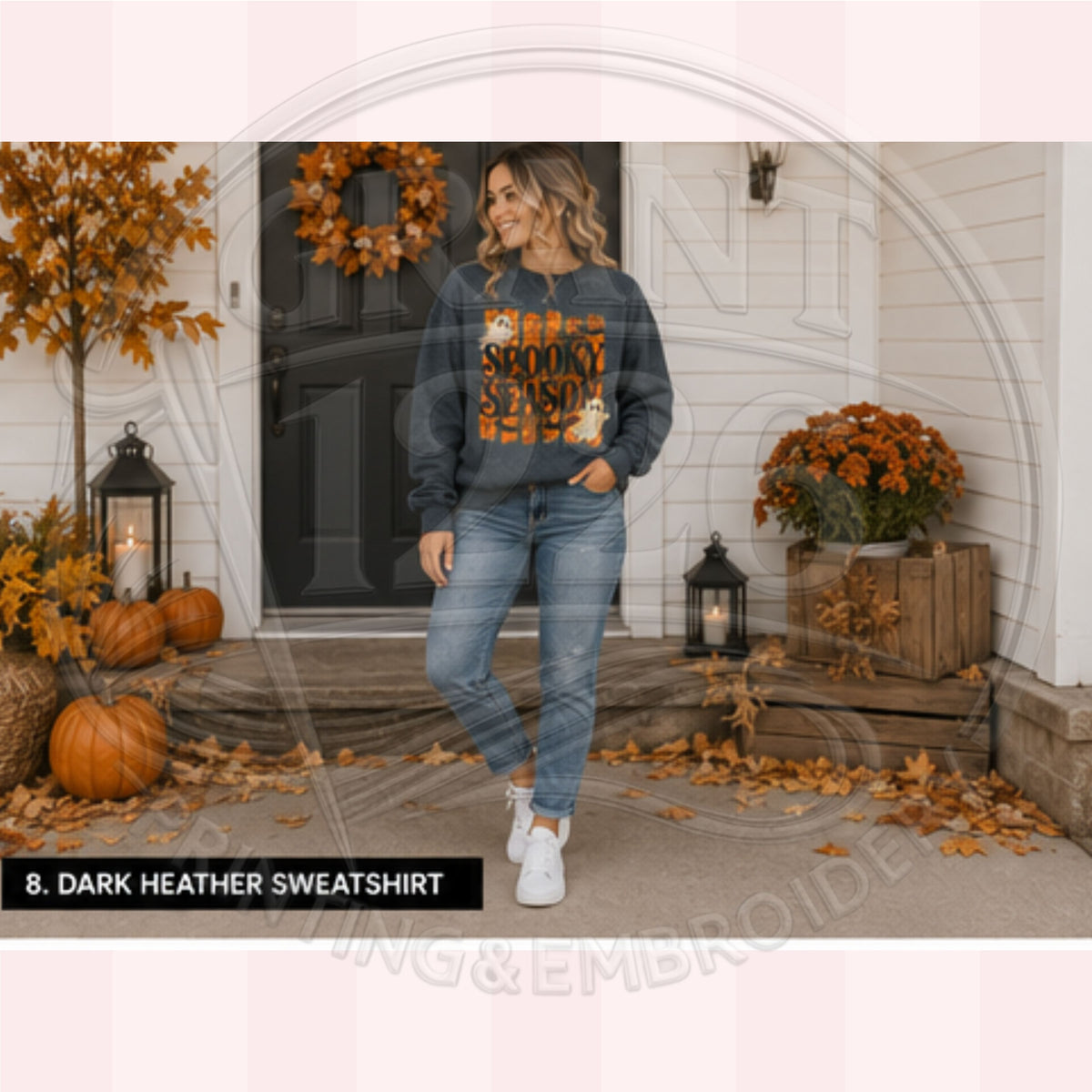 Woman wearing Dark Heather Spooky Season ghost sweatshirt outdoors with pumpkins and fall decor