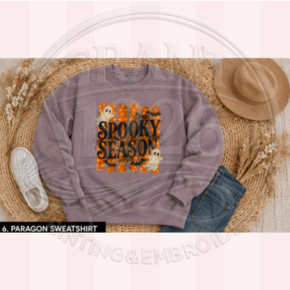 Paragon Spooky Season sweatshirt with black lettering cream ghosts and orange Halloween graphic