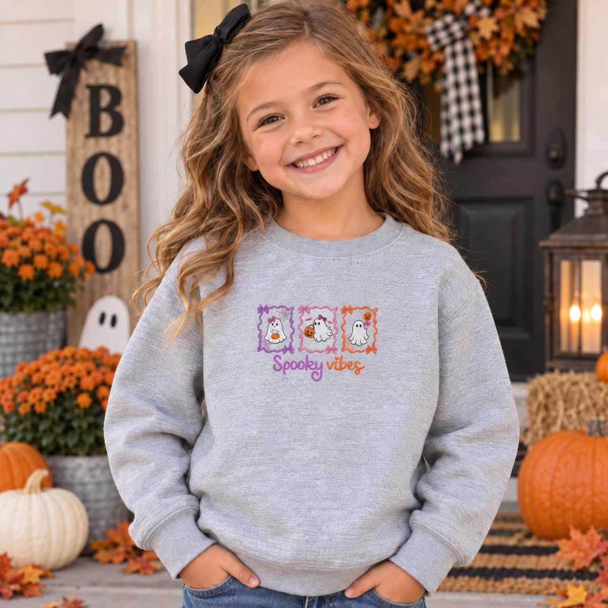 Youth wearing Sport Grey Spooky Vibes embroidered Halloween sweatshirt