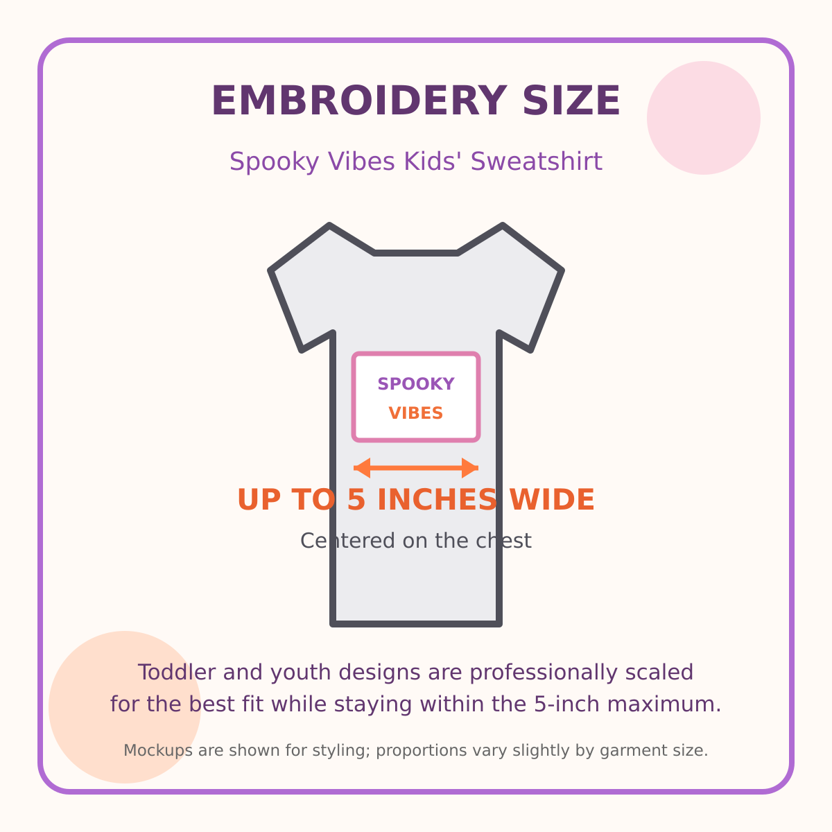 Spooky Vibes embroidery size guide showing a maximum width of five inches