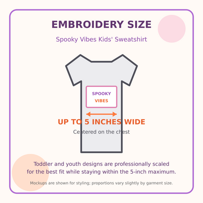 Spooky Vibes embroidery size guide showing a maximum width of five inches