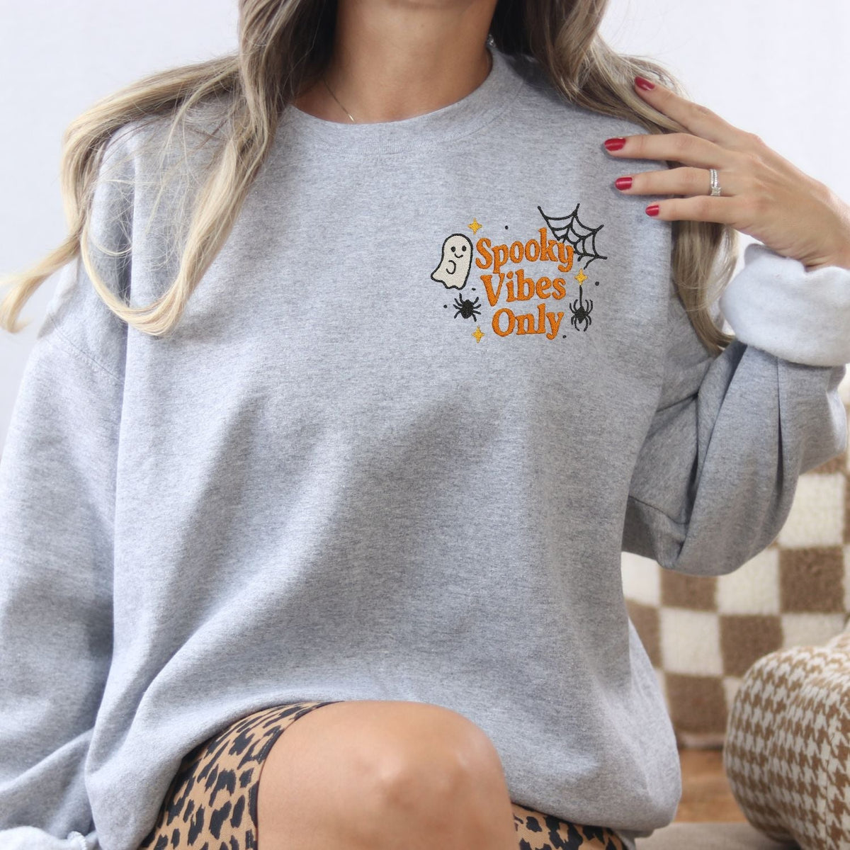 Ash Spooky Vibes Only embroidered sweatshirt with small left-chest ghost design