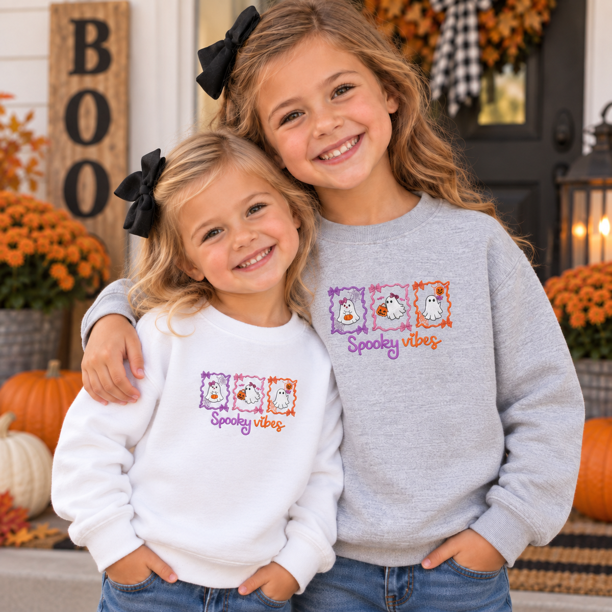 Toddler and youth wearing White and Sport Grey Spooky Vibes sweatshirts
