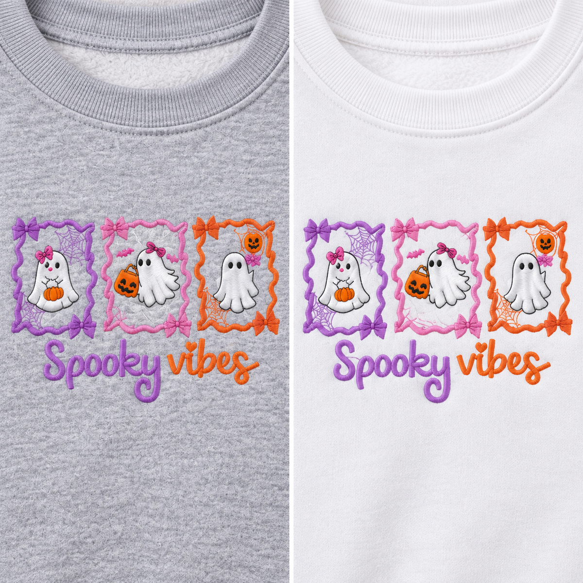 Spooky Vibes embroidery detail on Sport Grey and White sweatshirt colors
