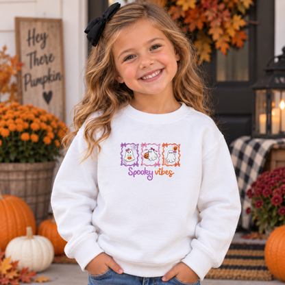 Toddler wearing White Spooky Vibes embroidered Halloween sweatshirt