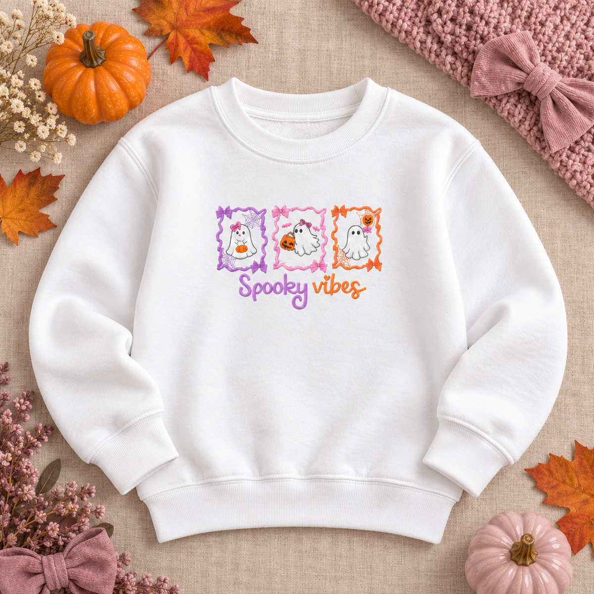 White kids Spooky Vibes embroidered sweatshirt flat lay