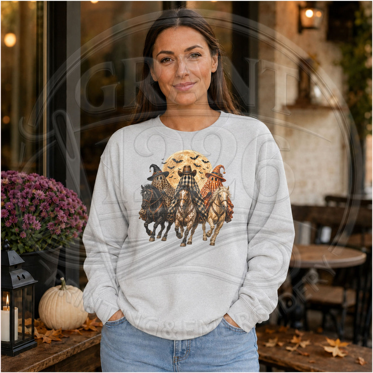 Ash adult Gildan western ghost horse Halloween sweatshirt modeled