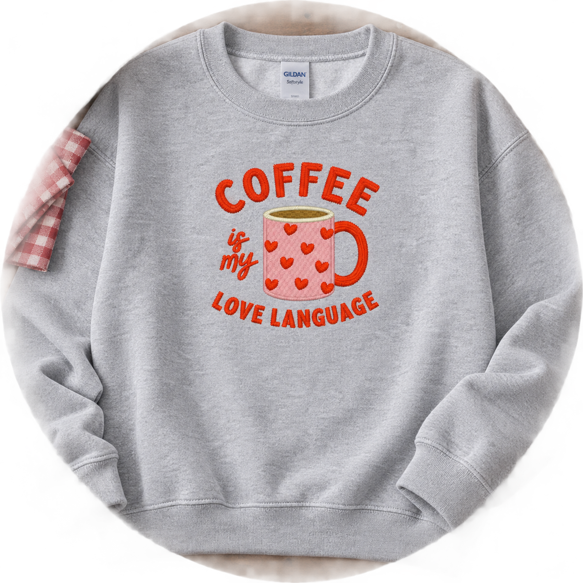 Sport Grey Gildan coffee love language embroidered sweatshirt flat lay