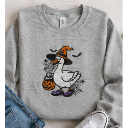 Sport grey embroidered Halloween goose sweatshirt with orange witch hat, pumpkin and purple shoes