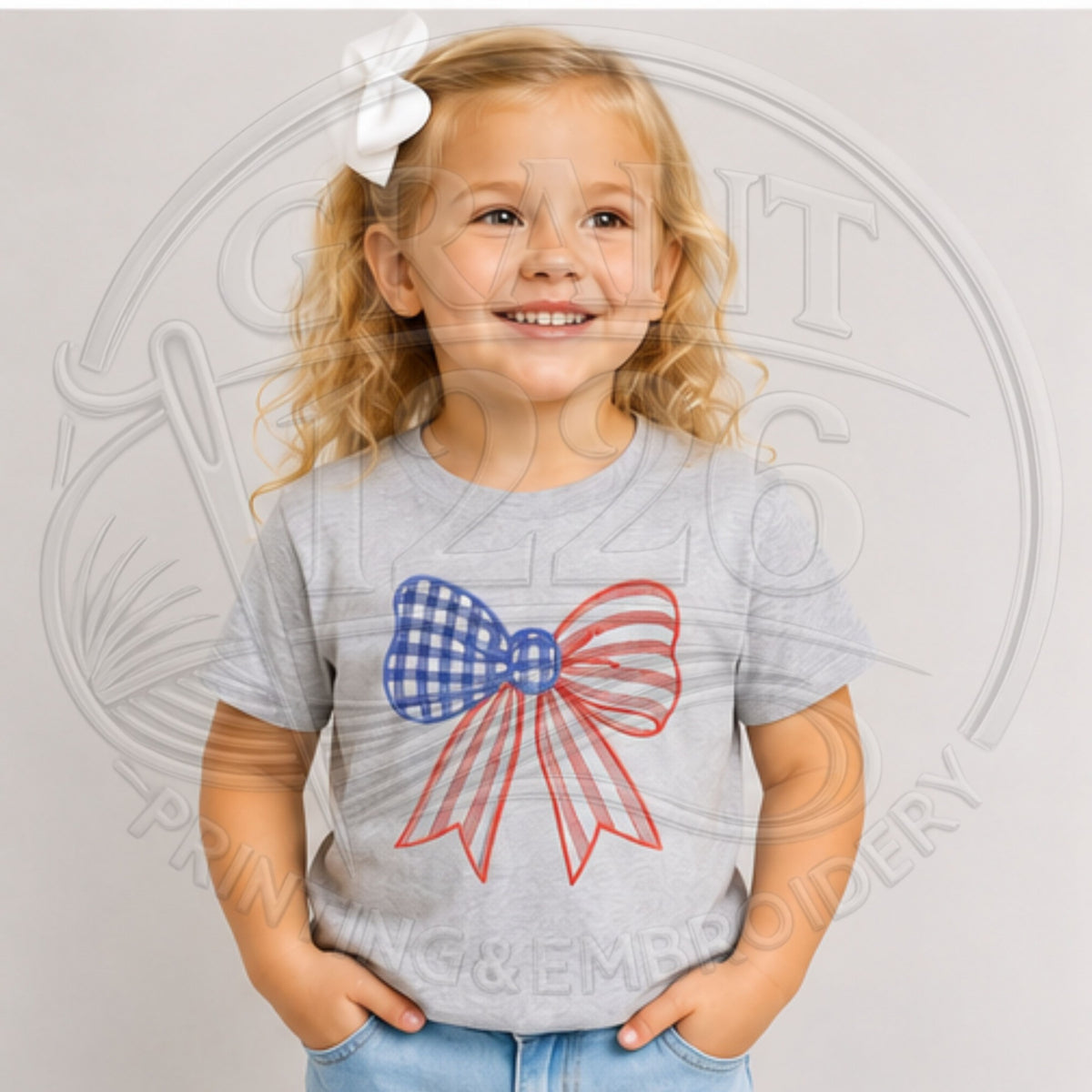 Toddler wearing Sport Grey embroidered red, white, and blue gingham bow shirt