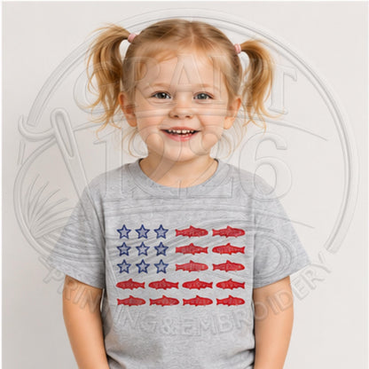 Sport grey toddler shirt with red white and blue fish flag embroidery.