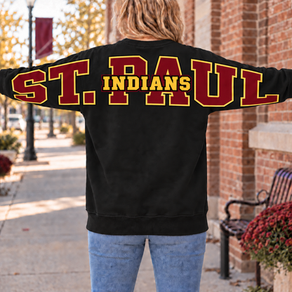 St. Paul Indians Gildan crewneck in black, back sleeve lettering mockup