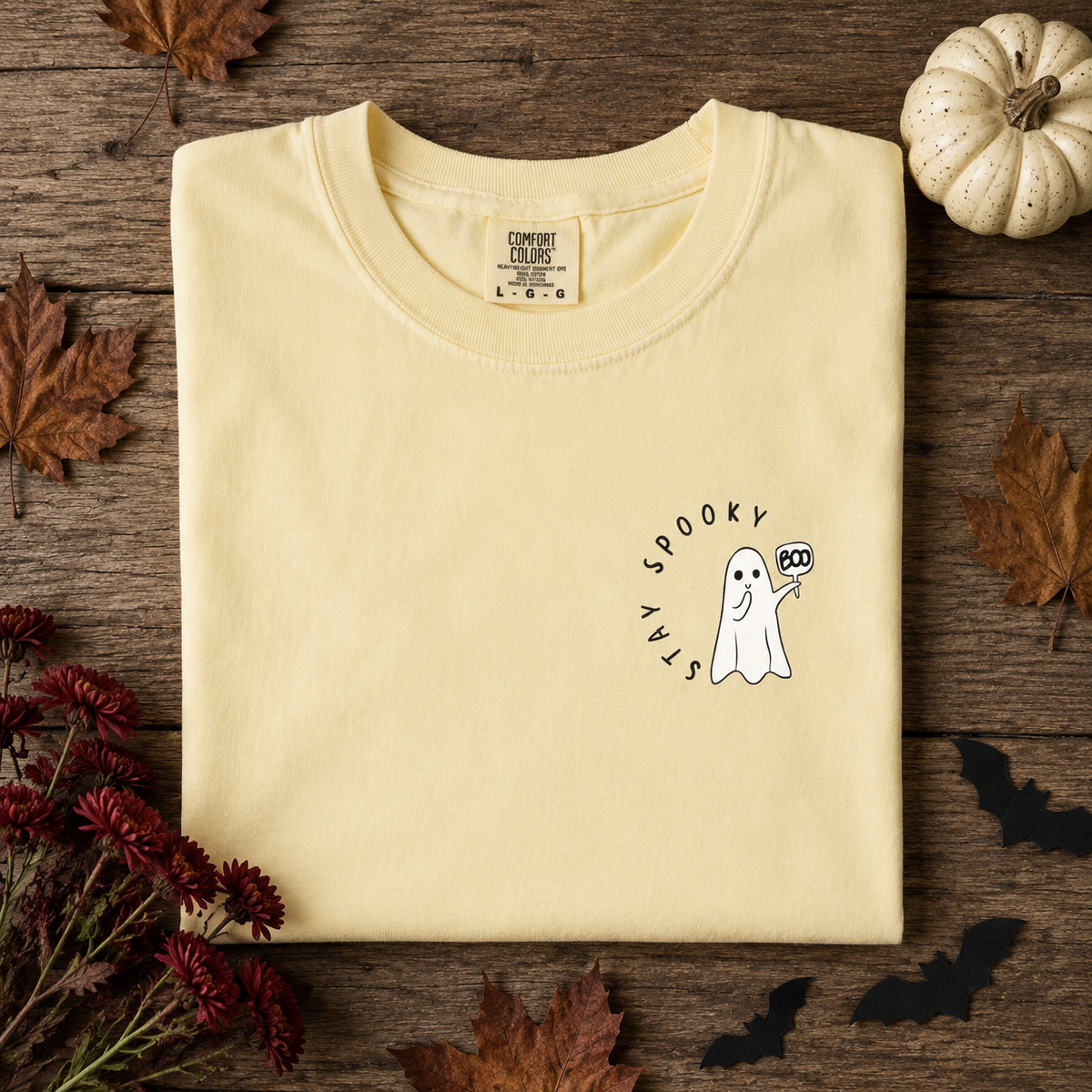 Stay Spooky ghost embroidered Comfort Colors 1717 Butter T-shirt fall flat lay