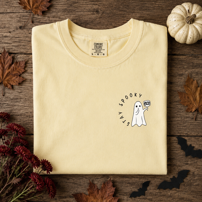 Stay Spooky ghost embroidered Comfort Colors 1717 Butter T-shirt fall flat lay