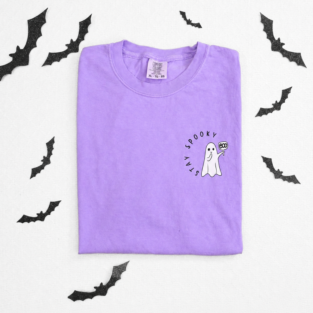 Stay Spooky ghost embroidered Comfort Colors 1717 Violet T-shirt Halloween flat lay