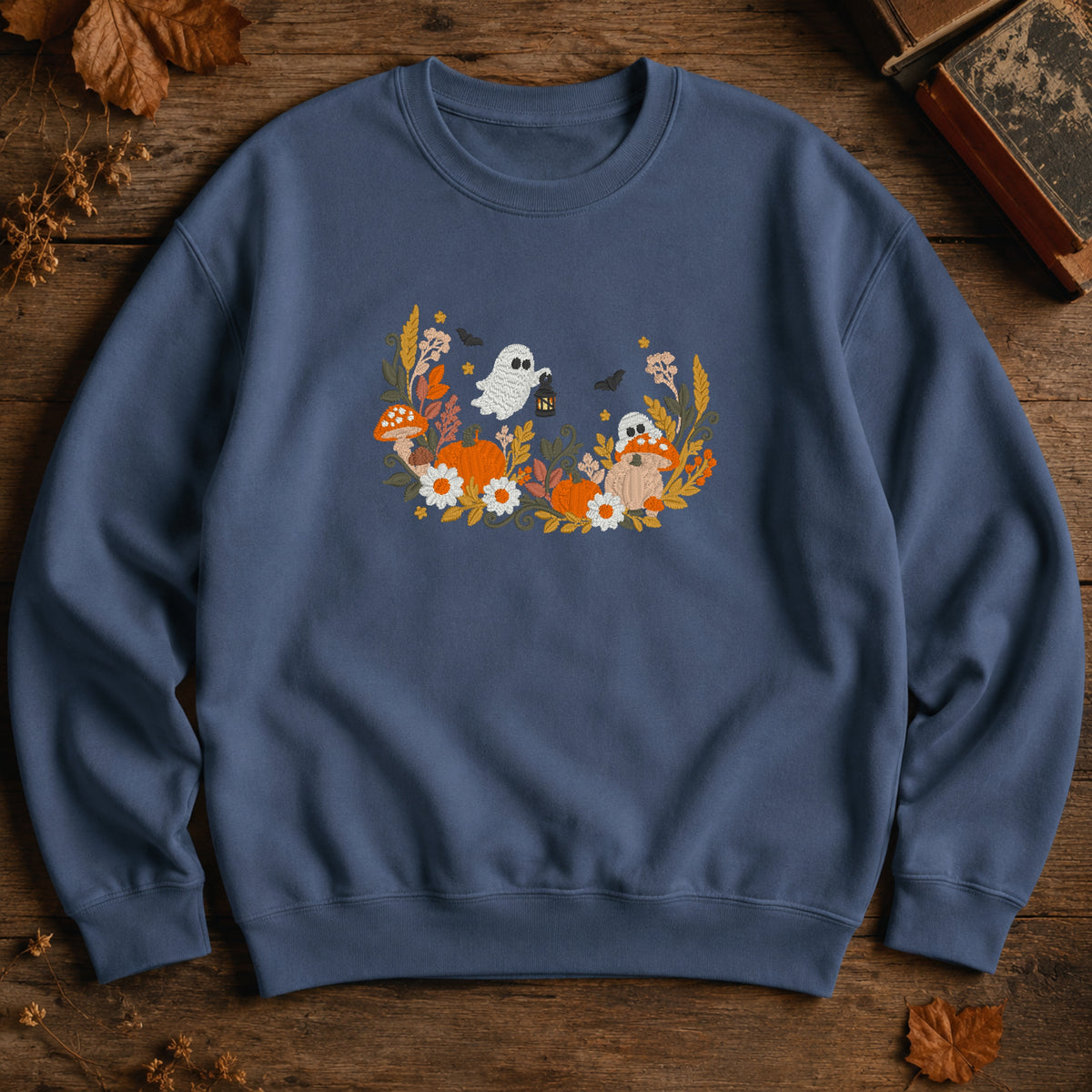 Stone Blue floral ghost embroidered Halloween crewneck sweatshirt flat lay