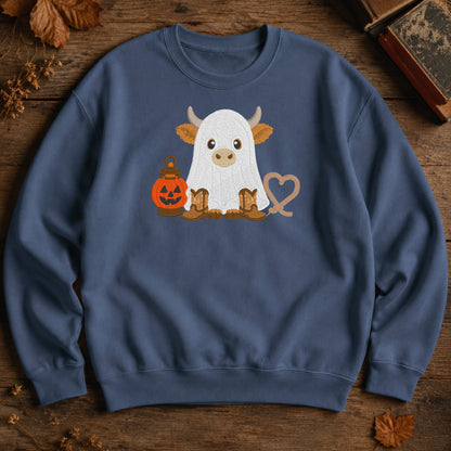 Stone Blue ghost Highland cow embroidered Halloween crewneck sweatshirt flat lay