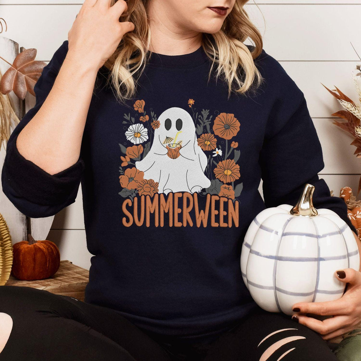Navy Summerween ghost embroidered sweatshirt with pumpkins and fall flowers, lifestyle view