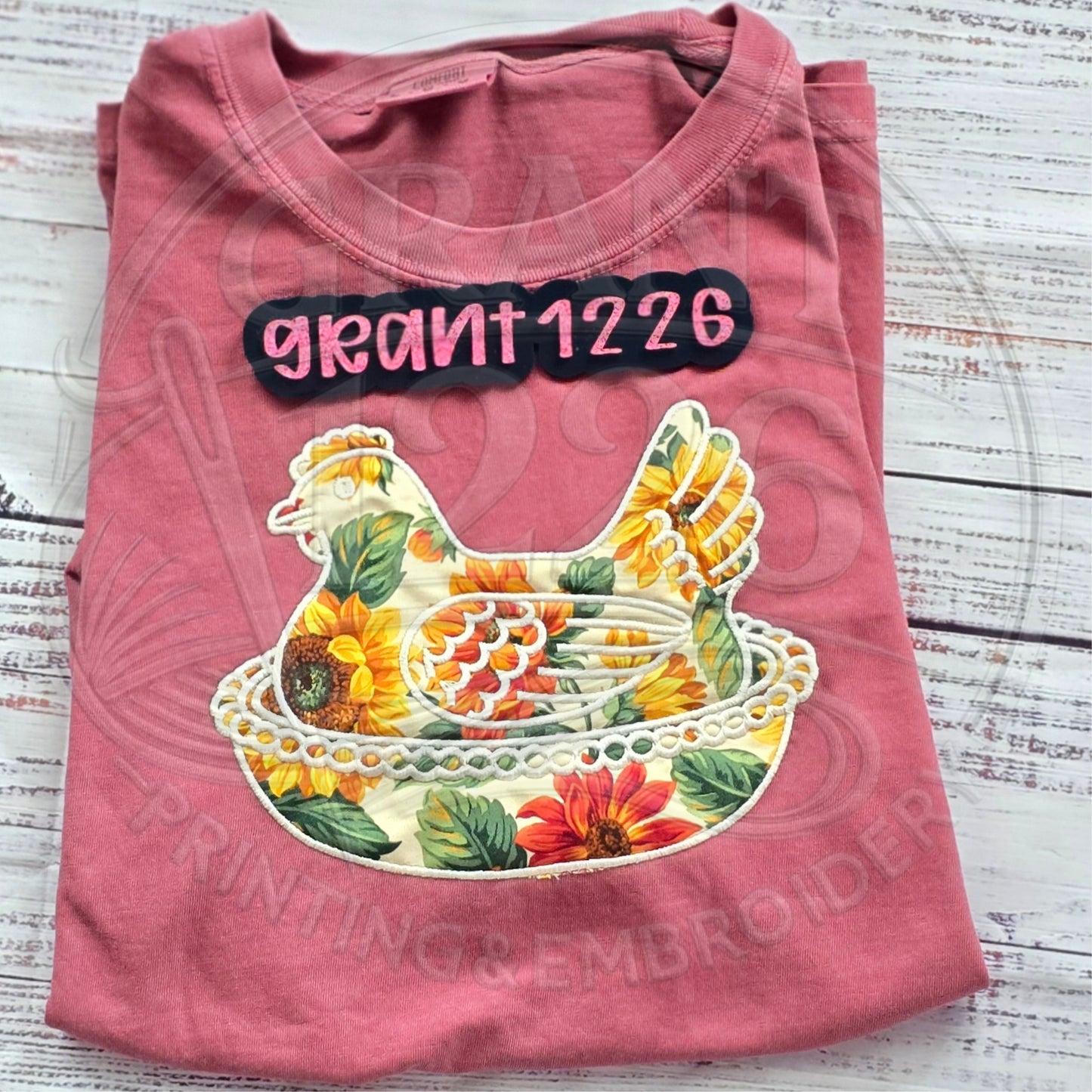 Sunflower chicken applique Comfort Colors farmhouse shirt in crimson
