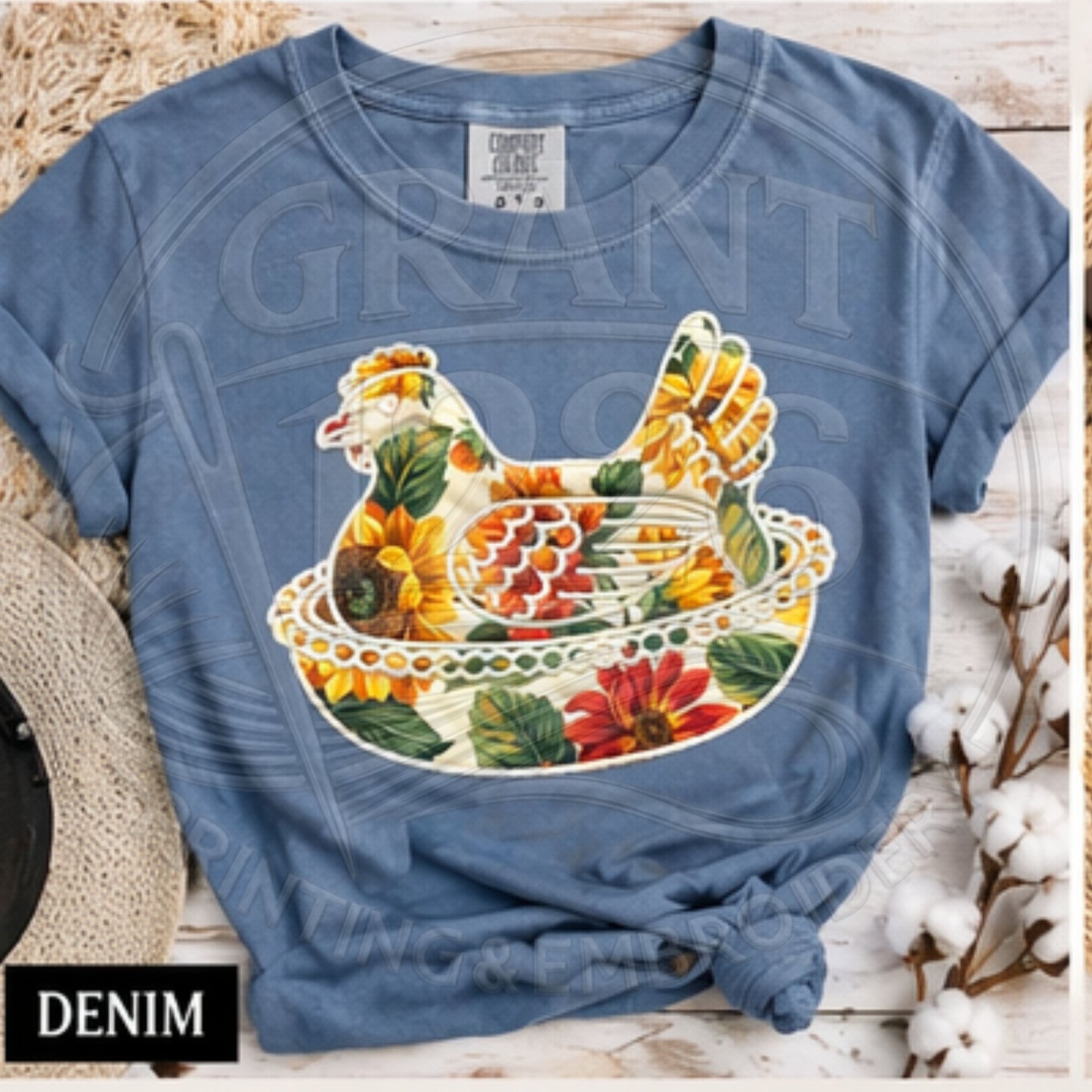 Blue Comfort Colors sunflower chicken applique farmhouse t-shirt