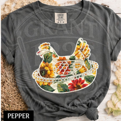 Pepper Comfort Colors floral chicken applique country shirt