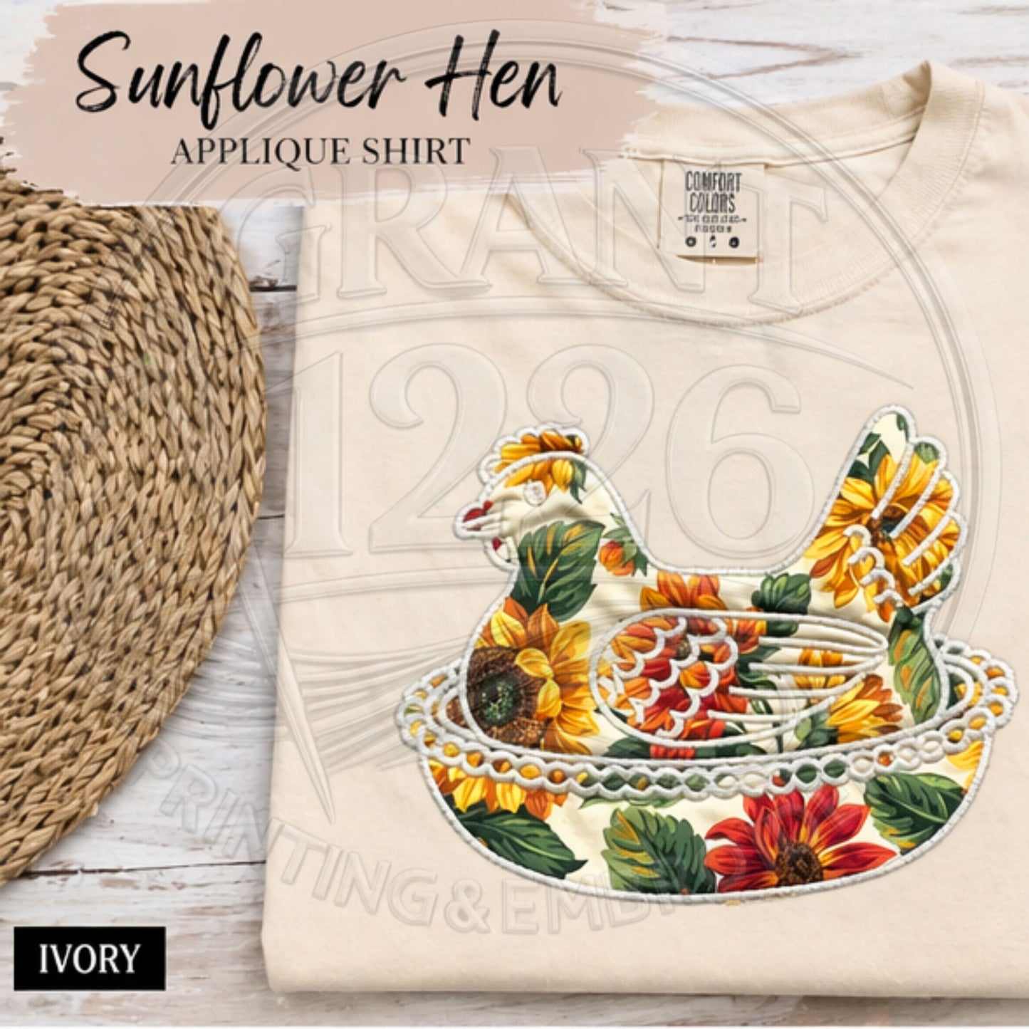 Ivory sunflower hen applique shirt with farmhouse floral chicken design
