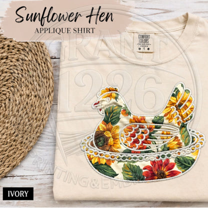 Ivory sunflower hen applique shirt with farmhouse floral chicken design