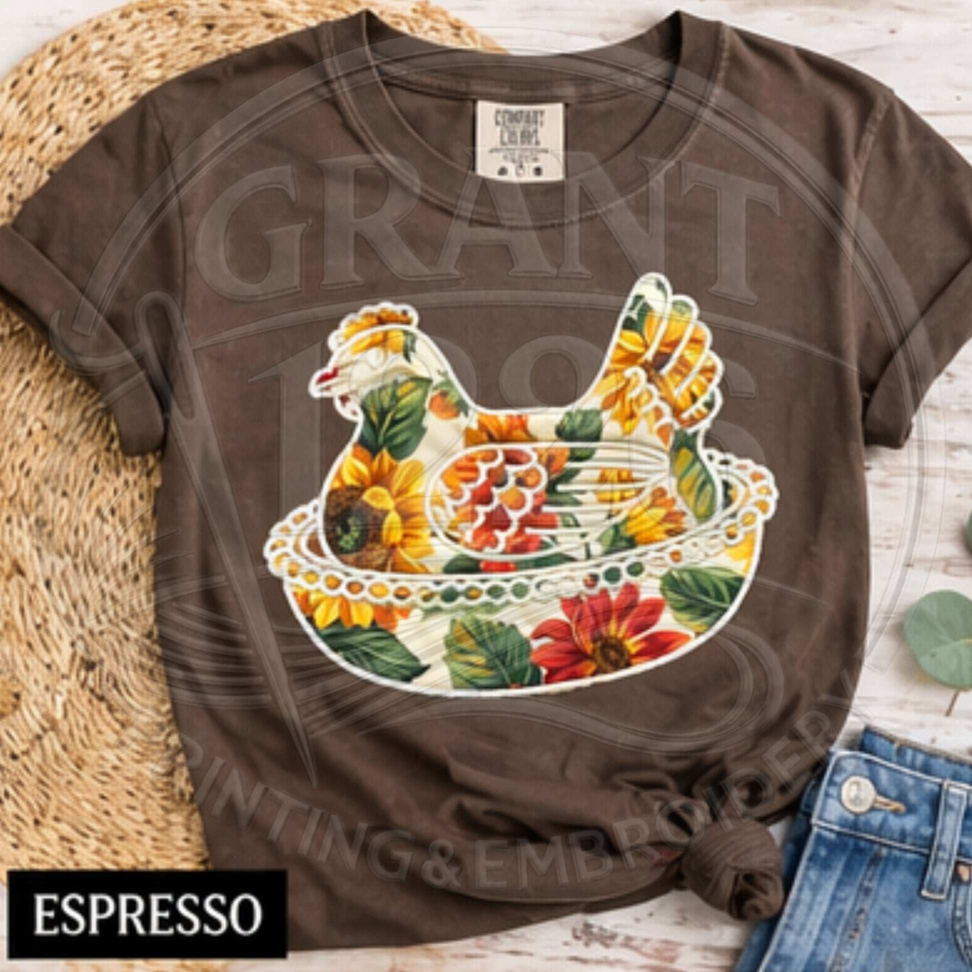 Espresso brown sunflower chicken applique Comfort Colors tee