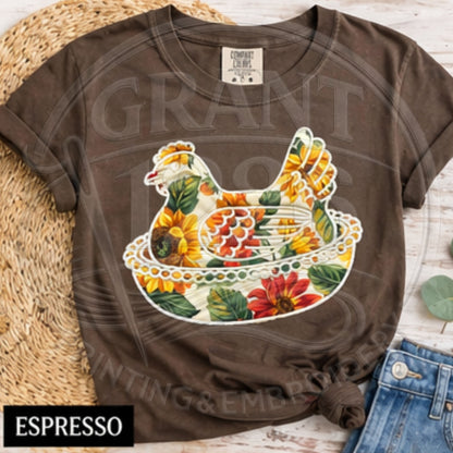 Espresso brown sunflower chicken applique Comfort Colors tee